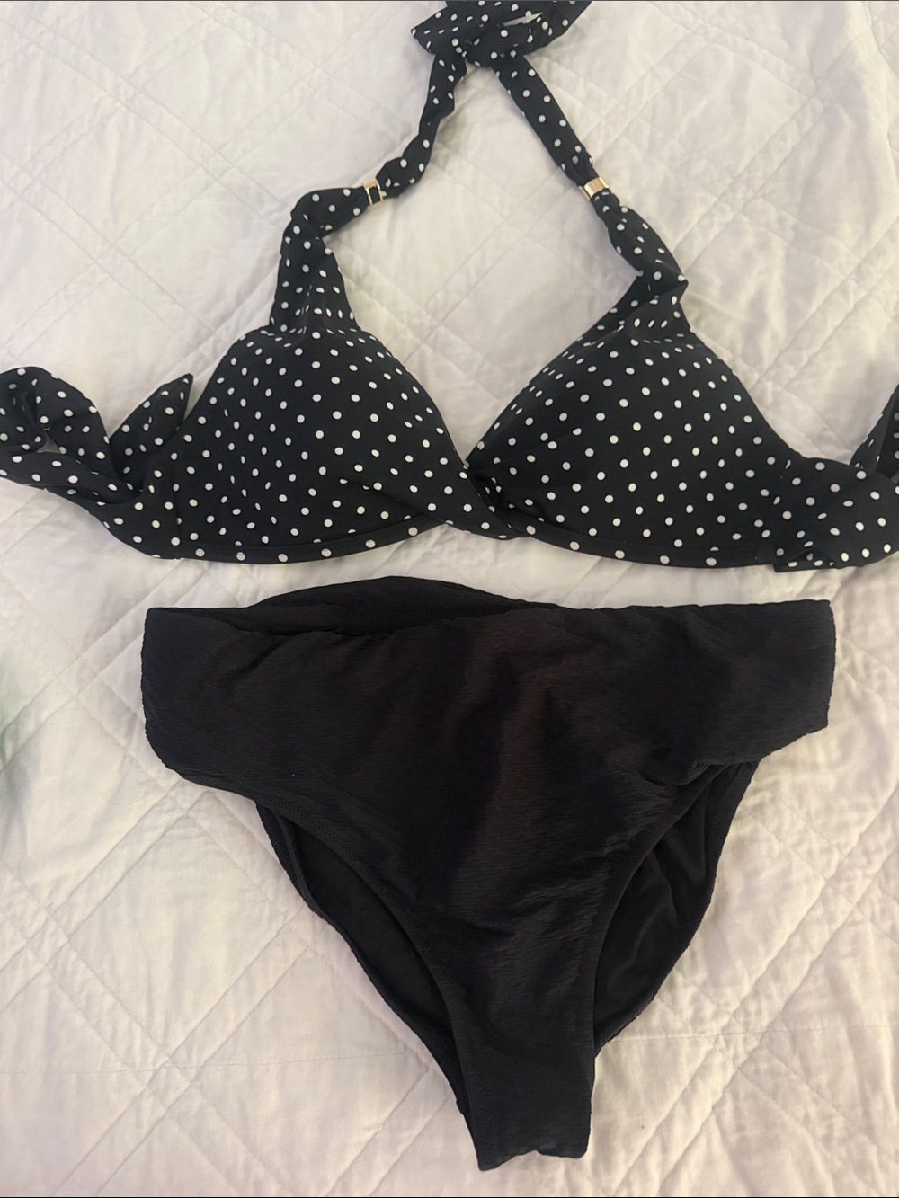 Black Polka Dot Bikini Top with Solid Black High-Waist Bottom